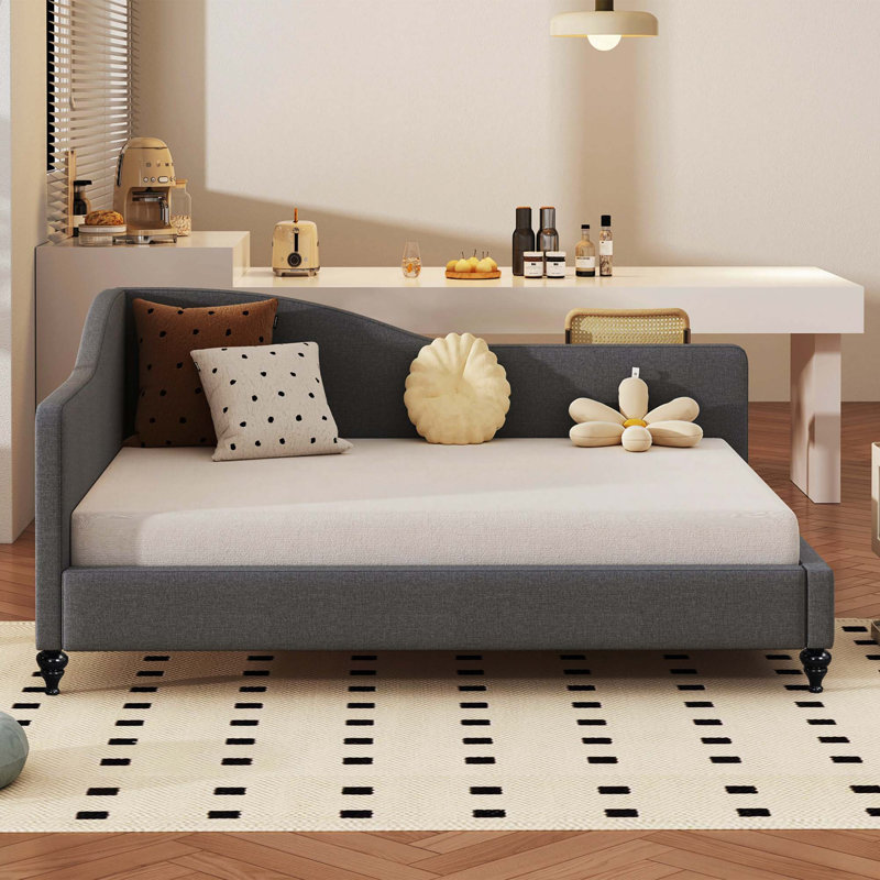 Lit de jour moderne en L en forme de L avec pieds en bois massif, Gris, Full