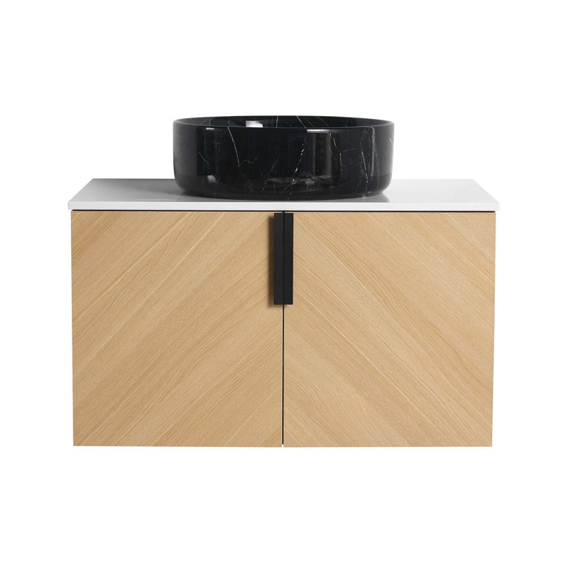 Meuble-lavabo de 30 po avec lavabo d'art supérieur en céramique et dalle de pierre artificielle, 2 portes à fermeture douce, fixation murale