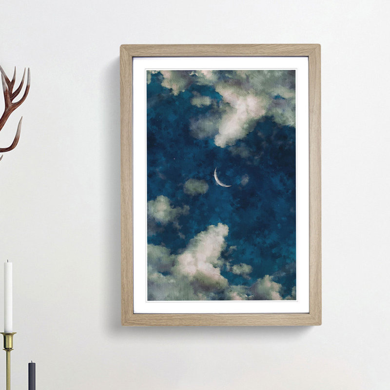 Crescent Moon Through The Clouds - Single Picture Frame Painting on MDF, 87cm H x 62cm W x 2cm D, Oak Framed