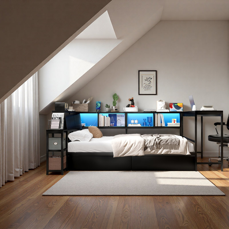 Cadre de lit d'angle avec bibliothèque et 2 tiroirs de rangement sous le lit, lit moderne avec lumière DEL et station de charge