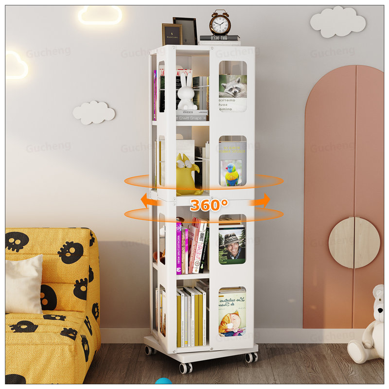 4-Tier All-Steel Rotating Bookshelf With 360° Wheels, Large Size Sturdy And Spacious Book Rack, Easy Assembly, White