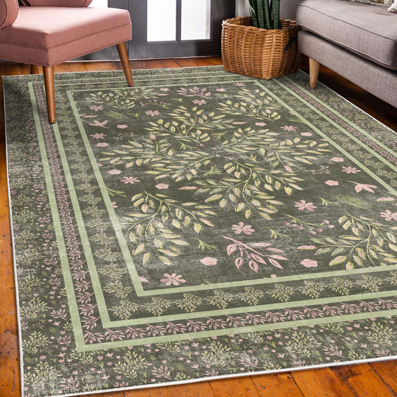 Calee Leaves High Density Long Fiber Poly Threads Decorative Area Rug Carpet, Rectangle 4' x 5'7"