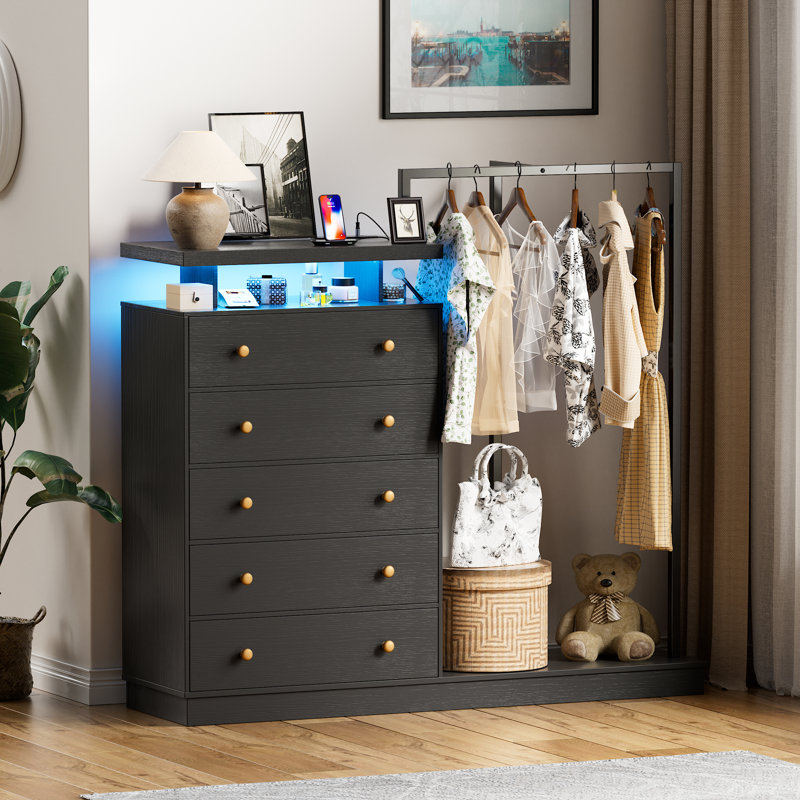Black Tall Dresser With Hanging Rack, 5 Drawer Clothes Dresser With  Charging Station And Led Lights