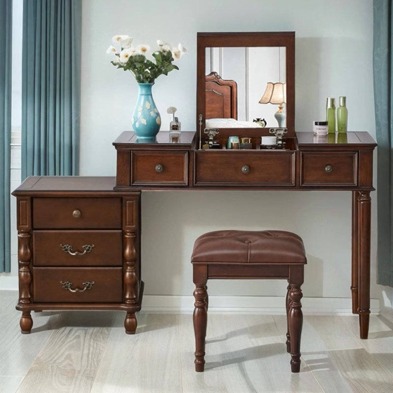 59.06"American-style brown solid wood dressing table with flip-up mirror