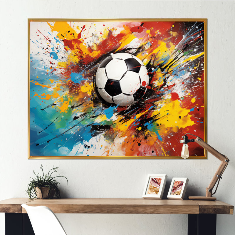 Abstraction soccer ball - décoration murale soccer, Cadre flottant doré, H 34 po x l 44 po x P 1,5 po