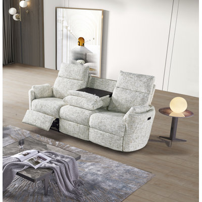 Chic Upholstered Fabric 3 Seats Power Recliner Sofa, with Flip-down Metal Table & Cup Holders by Latitude Run