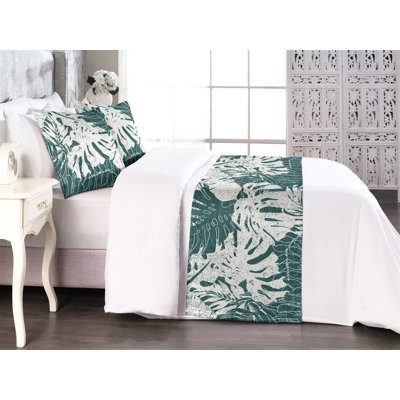 Ambesonne Monstera Leaves Bed Runner Set Tropical Grunge Forest Green Eggshell