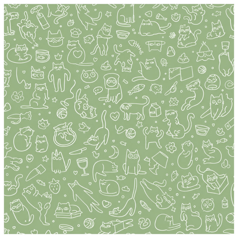 Rideaux de douche illustrés de chats griffonnés, L 70 po x H 72 po, Vert / Blanc