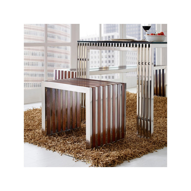 Banc moderne en bois de noyer avec base en acier inoxydable - Polyvalent pour l'entrée, la chambre à coucher ou les sièges de salle à manger