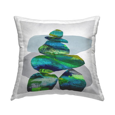 Coussin décoratif à motif de roches zen bleu empilé par Ruth Fromstein