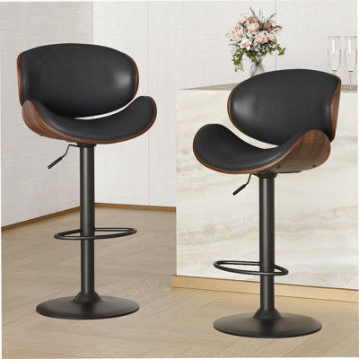 Swivel Bar Stools Set Of 2, Adjustable Height With PU Leather Seat And Backrest, Modern Kitchen Counter Chairs For Bar And Dining Room