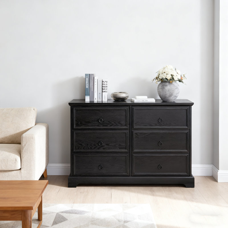 Commode 6 tiroirs en bois - Farmhouse, plateau rustique, glissières en métal lisse noir, Noir mat