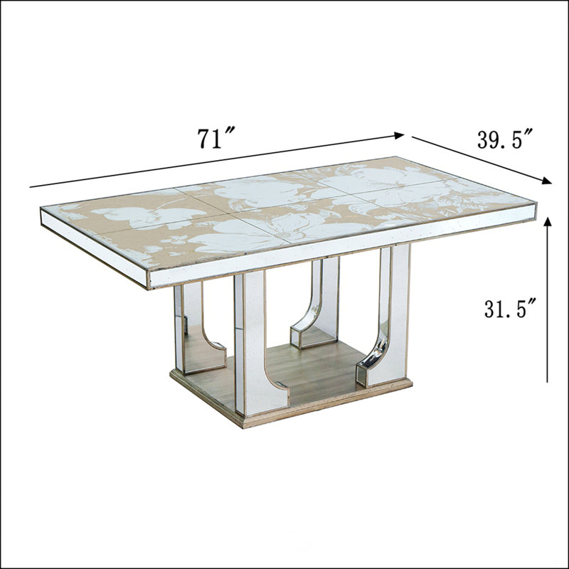 Grande table de salle à manger en miroir avec un élégant motif floral et une finition argentée
