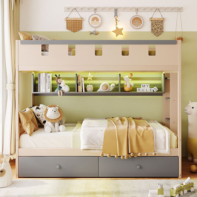 Kids Bunk Bed, Castle-Inspired Guardrail Design, Wood, Led Shelf Storage & Drawers, Contemporary Minimalist, Kids Bedroom
