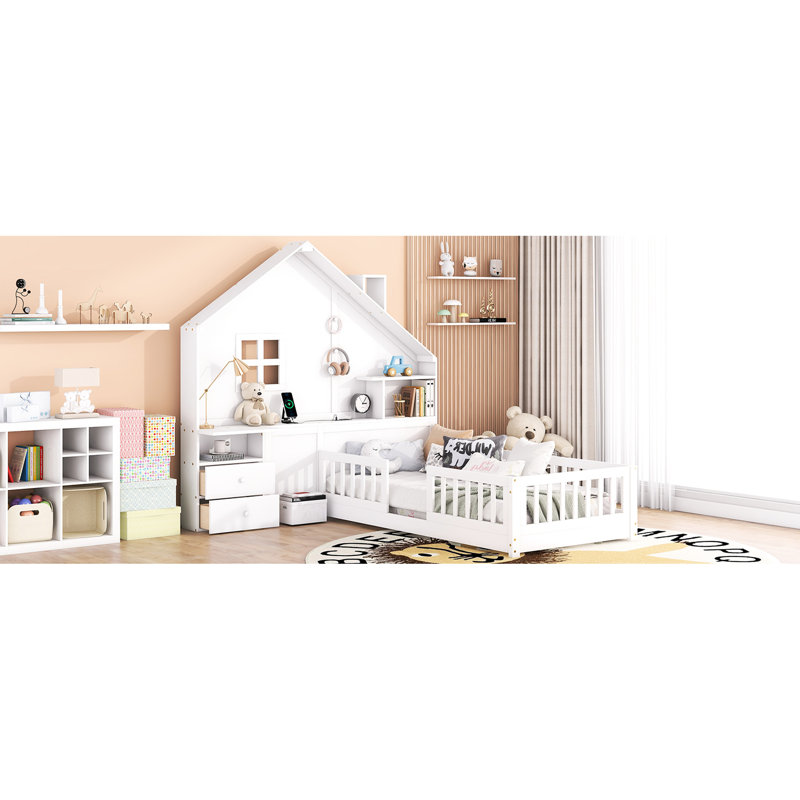 Lit simple blanc avec fenêtre, tablettes, tiroirs et lit Sweet Space, blanc, détails de fenêtre, rangement de tiroir, tablettes et
