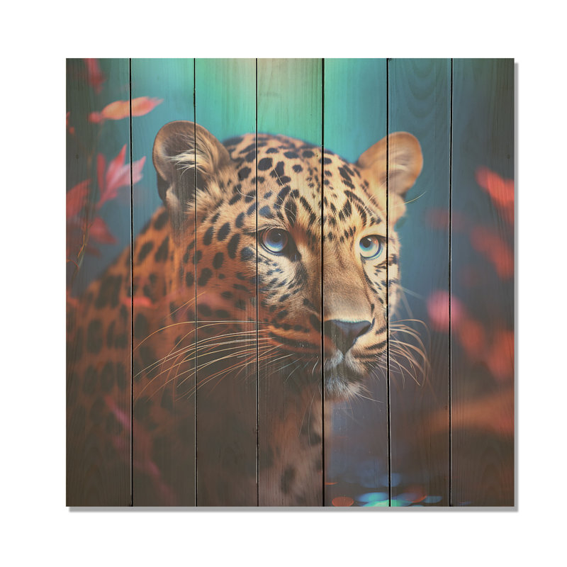 Portrait de léopard bleu et doré I - Animal léopard / guépard sur bois, H 36 po x l 36 po