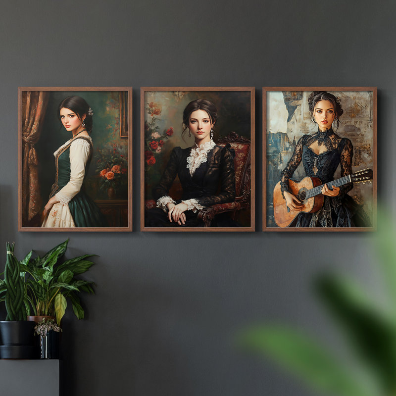 Série féminine LX -Set de 3 estampes numériques giclées -Prêt à accrocher, Noyer, H 10 po x l 24 po