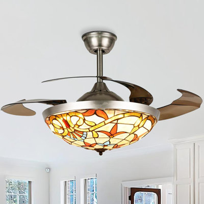 Ventilateur de plafond 42 po en verre coloré style Tiffany avec lumière, 3 vitesses, télécommande, minuterie 42 po
