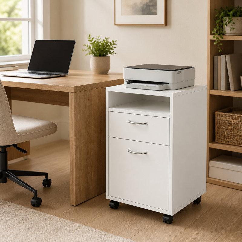 Armoire de rangement mobile blanche avec étagère de porte à tiroir et support à imprimante à roulettes verrouillable pour rangement sous le bureau