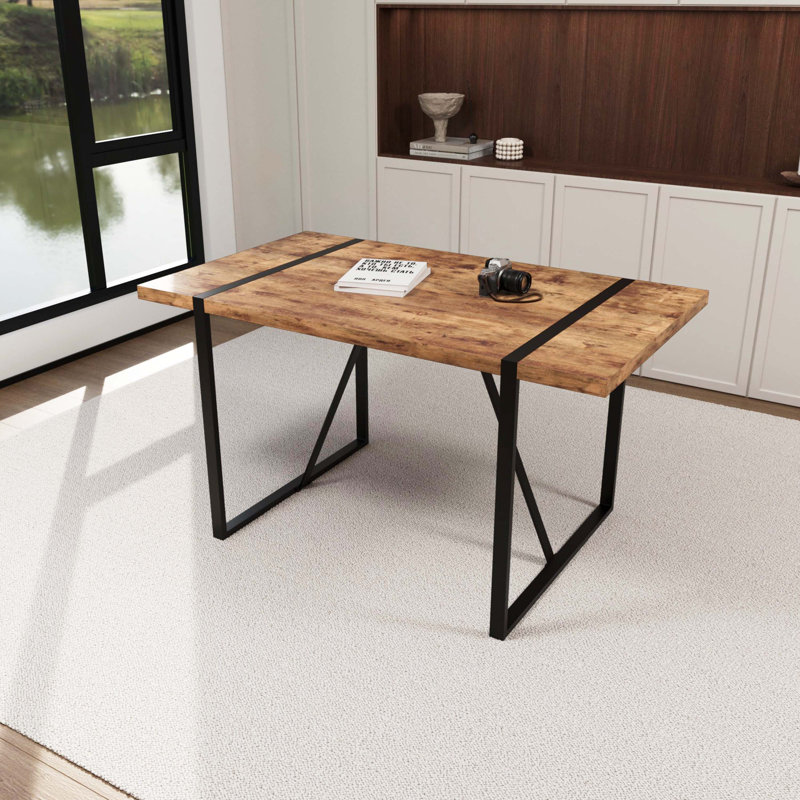 55 Inch Modern Rustic Industrial Dark Wood Tone MDF Dining Table, 1.5" Thick Tabletop & Black Rectangular Metal Legs, Home Kitchen Dinner Table For 4-6 People