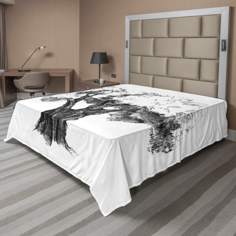 Ambesonne Tree Top Flat Sheet Olive Tree Retro Nature Black White, Full Flat Sheet