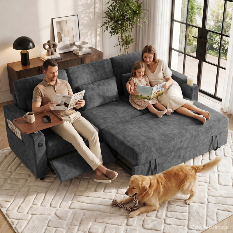 Canapé-lit convertible 3 places Aufak 83 po en chenille avec fauteuil inclinable électrique, ports de chargement USB, tablette latérale, porte-gobelet et rangement, gris