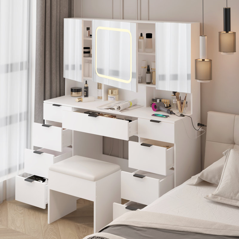Ensemble de coiffeuse avec USB, Blanc / Blanc