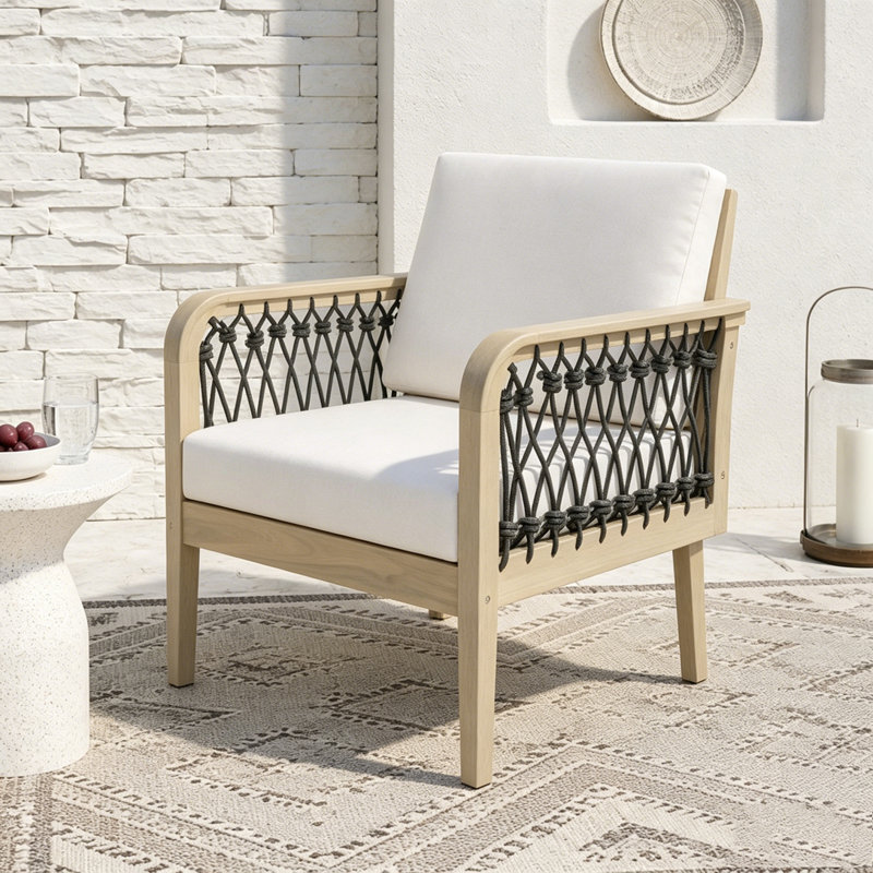 Fauteuil club d'extérieur en bois d'acacia avec corde tissée à la main, Light Teak