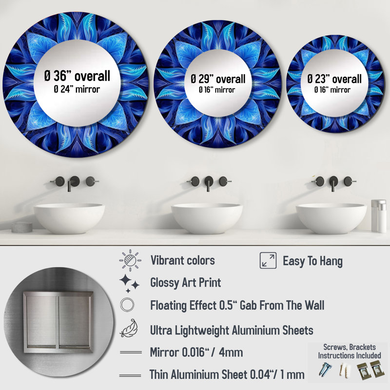 Turquoise et blanc fractal fleurs VII - miroir géométrique, miroir mural rond unique turquoise, art imprimé en métal