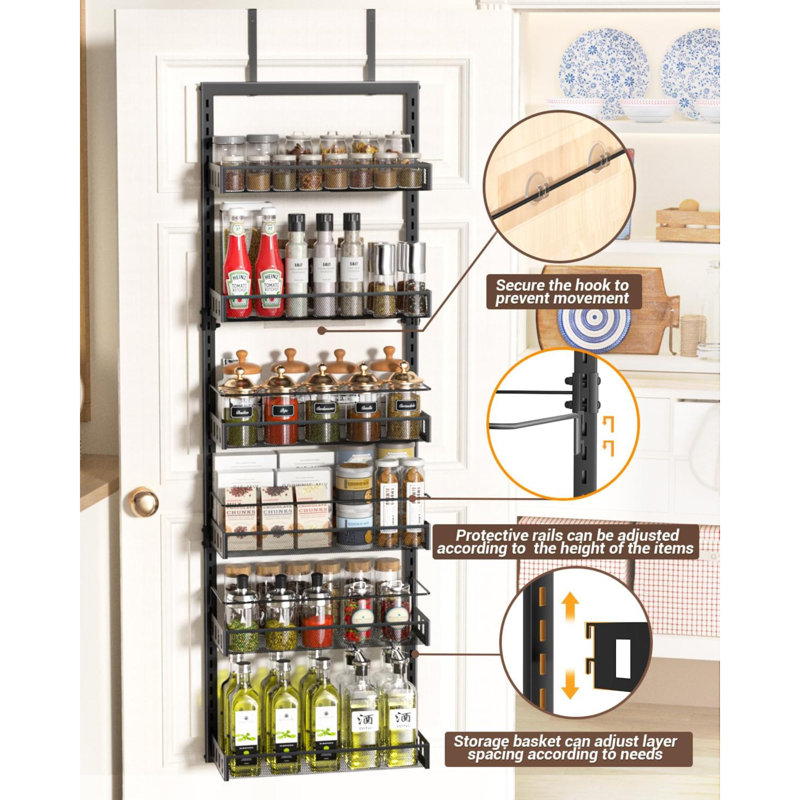 Over Door Spice Rack, 6-Tier Adjustable Over The Door Storage, Pantry Door Organizer Shelves With Hook For Each Layer, Back Door Metal Hanging Spice Can Rack For Pantry Bathroom, Black