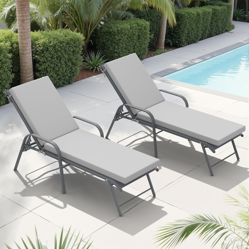 Chaises longues d'extérieur réglables en aluminium avec coussins amovibles (ensemble de 2), Gris clair, Grey/Grey