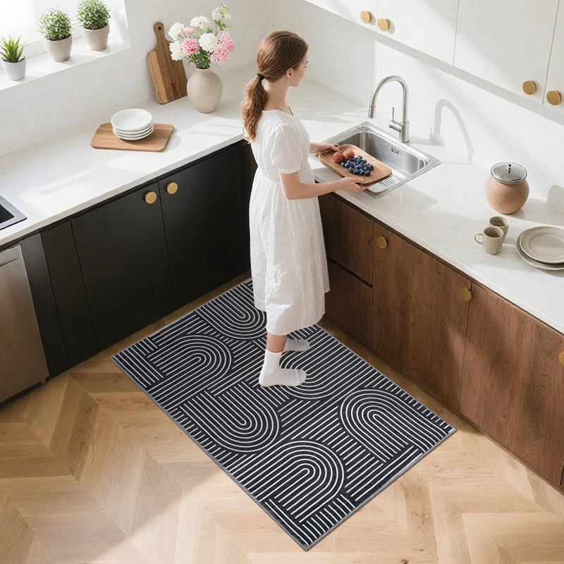 Small Area Rug 2x3 Modern Abstract Stripe Door Mat Washable Bathroom Rug Non Slip Rubber Backing Non Shedding Entryway Mat for Hallway Black