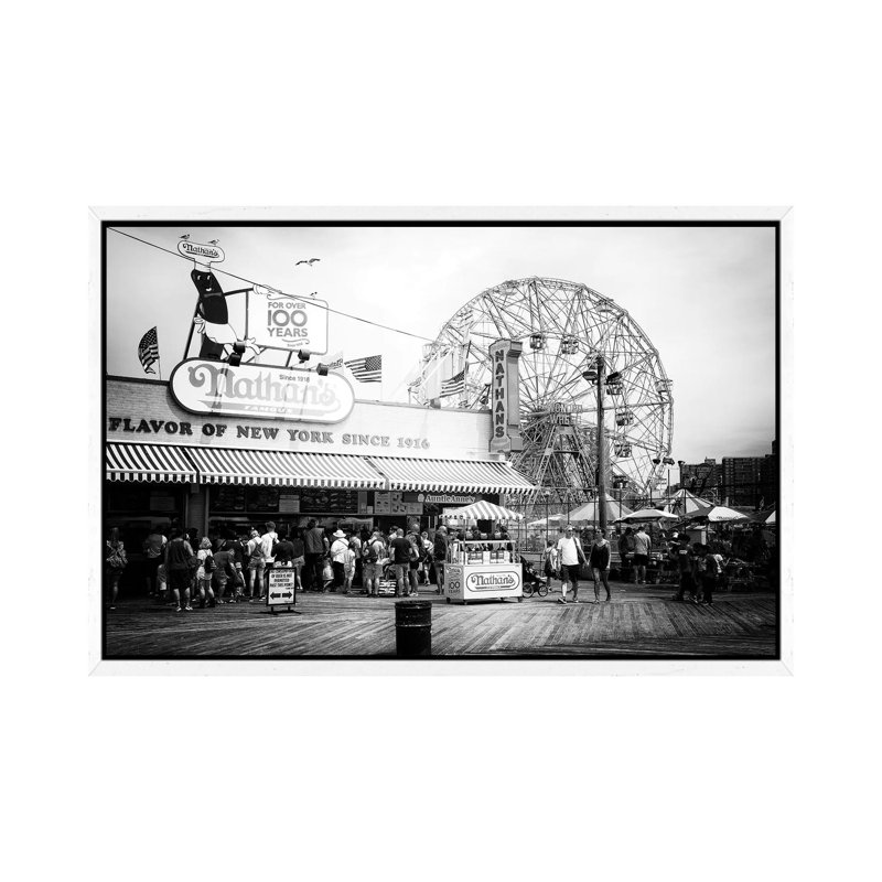 Boardwalk Coney Island by Philippe Hugonnard - Print on Canvas, White Floater Framed, 45.72cm H x 66.04cm W x 3.81cm D