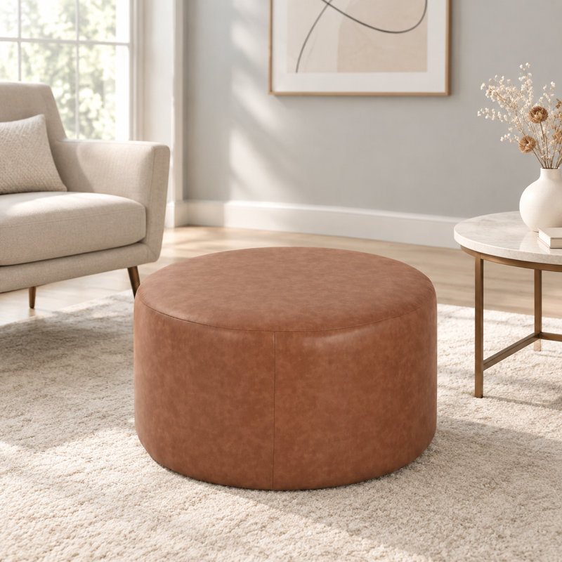 Pouf rembourré rond, cuir PU., Brown