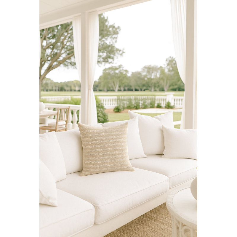 Classic Grey Marina Stripe Indoor Outdoor Pillow 24x24, Sandy Beige, Square 24", Pillow Cover Only - No Insert