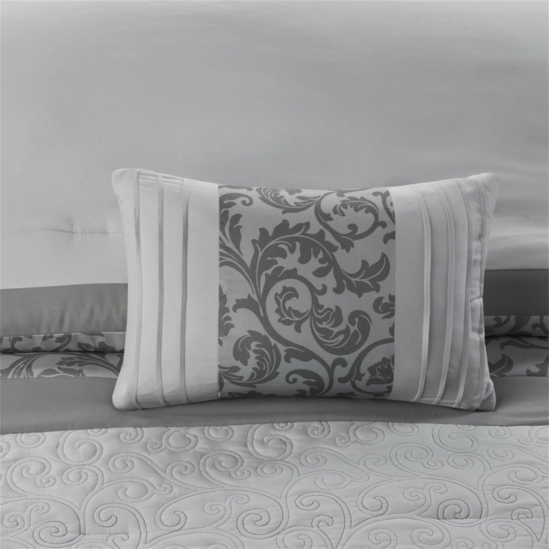 Embroidered 8 Piece Comforter Set Grey, Queen Comforter + 4 Shams + 2 Pillows