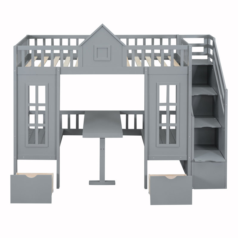 Bunk Bed With Changeable Table, Bunk Bed Turn Into Upper Bed And Down Desk, Twin, Gray