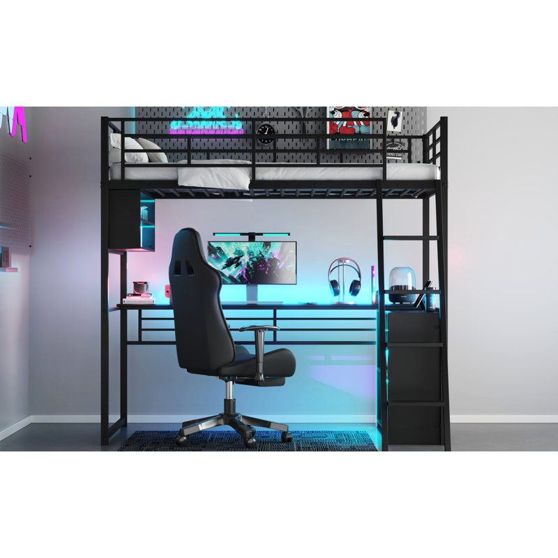 Black Twin Size Loft Bed With Led, Desk - Versatile Storage Options Metal Desk, Functional Design