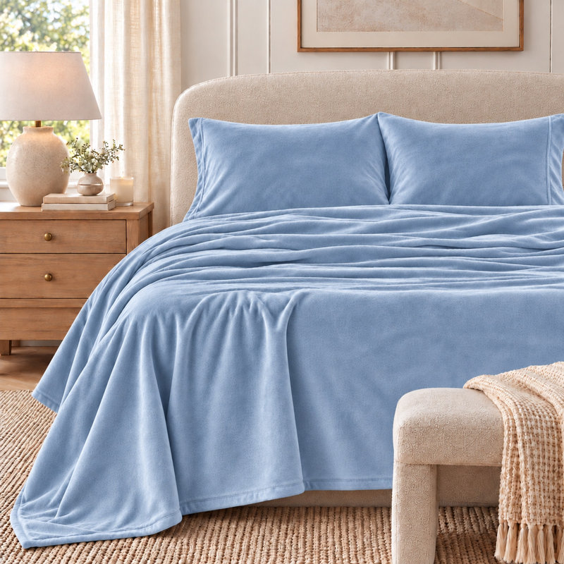 Ultra Soft Micro Plush Velvet Solid Sheet Sets, Full, Pearl Blue