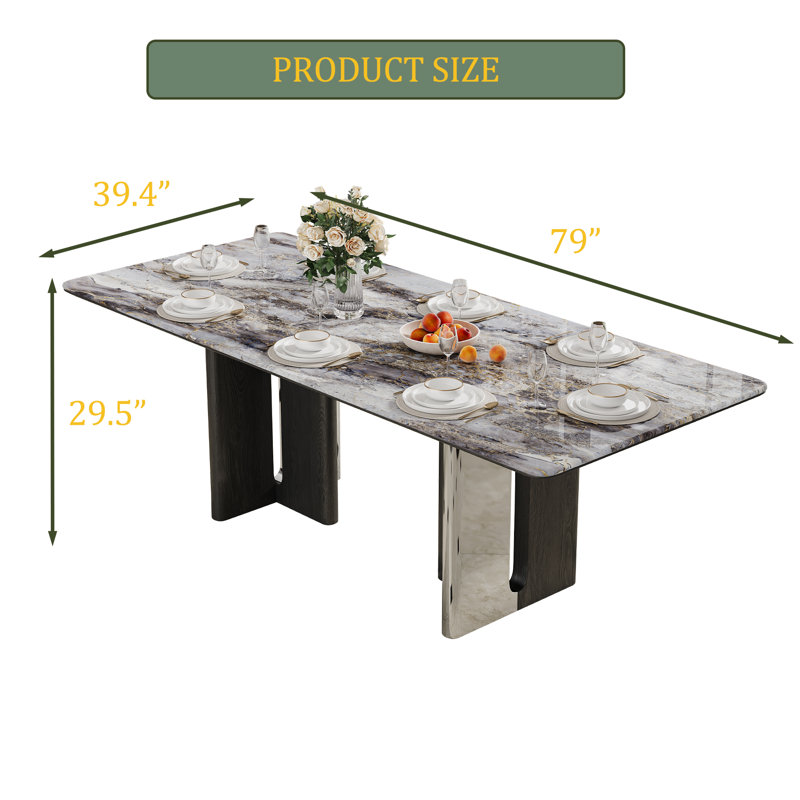 Jahiel 78" Modern Retangular Dining Table for 8-10, Glossy Grey Faux Marble Table top, Stainless Steel Legs