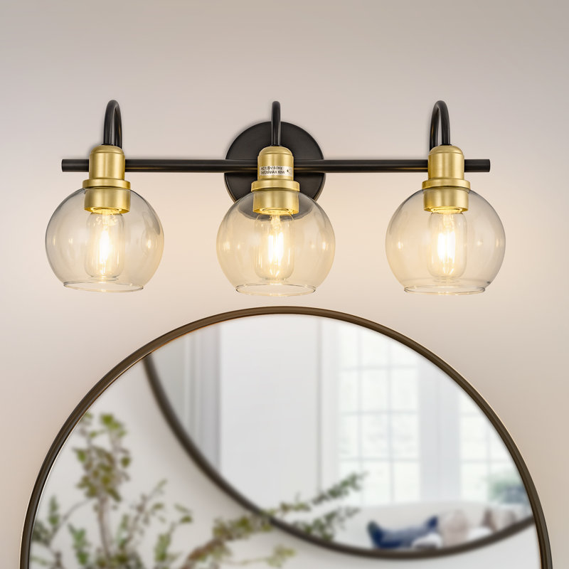 20 po Luminaire de meuble-lavabo industriel 3 lumières avec abat-jour en verre transparent 3 lumières, Noir et or