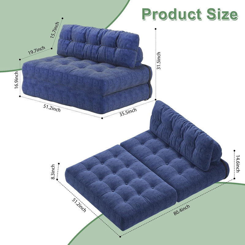 Folding Sofa Bed – Floor Couch with Pillow, Corduroy Futon Convertible Sleeper Chair, Fold-Out Mattress with Back Support, Full Size
