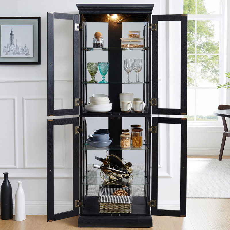Élégante vitrine vitrée éclairée - Rangement à cadre en bois pour le salon, la cuisine et le garde-manger - Ampoule incluse - Idéal pour le vin, les jouets et les objets de collection - Noir