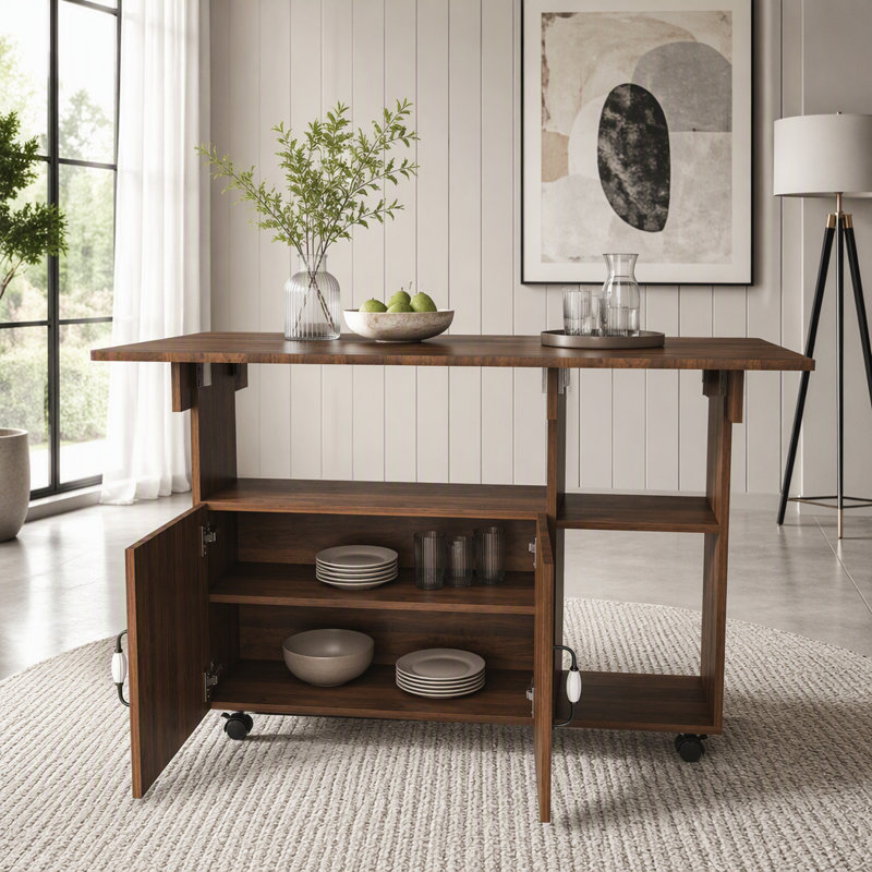 Table pliante de 47 pouces avec tablettes et roulettes de rangement - Conception multifonctionnelle compacte, Walnut