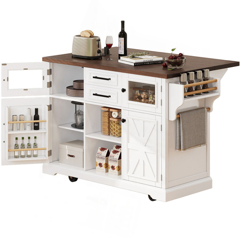 54.9" Kitchen Island With Drop Leaf, Power Outlet, Kitchen Storage Cart With 4 Door Shelves, Cross Barn Doors & Visual Glass Door, Rolling Kitchen Island On 4 Wheels For Kitchen, Dining Room