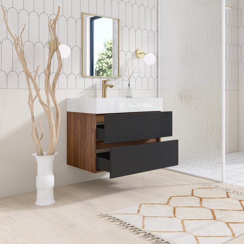 Meuble-lavabo mural simple 30 po avec surface solide, 30", Noir/noyer