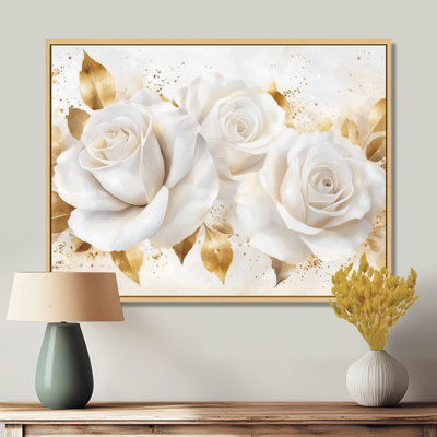 White Rose Wall Art, White Roses With Golden Leaves, Gold Leaf Floral Canvas
