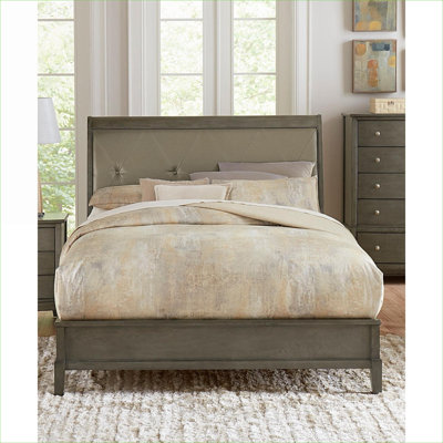 Base de lit tapissier pour lit de chambre à coucher, tête de lit classique en similicuir capitonné à boutons gris, fabrication en bois grand