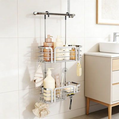 Shower Caddy Hanging Organizer - Over The Door Rustproof Stainless Steel Bathroom Storage With 2 Shelves, 11 Hooks, And Multiple No-Drill Installation Options
