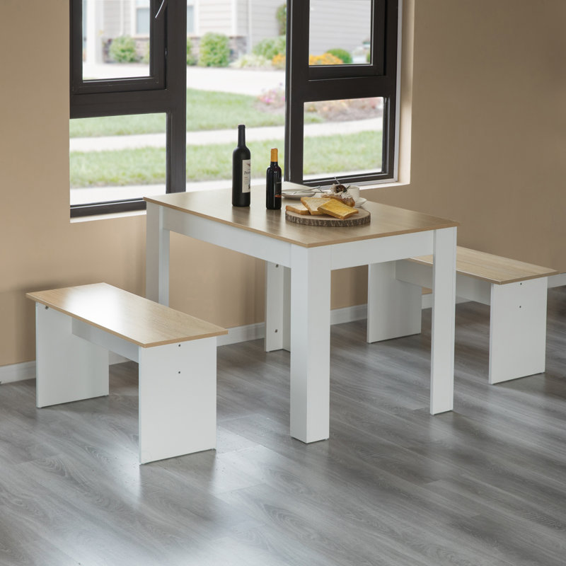 Table de salle à manger blanche moderne en bois avec deux bancs, ensemble de trois pièces, bureau d'écriture